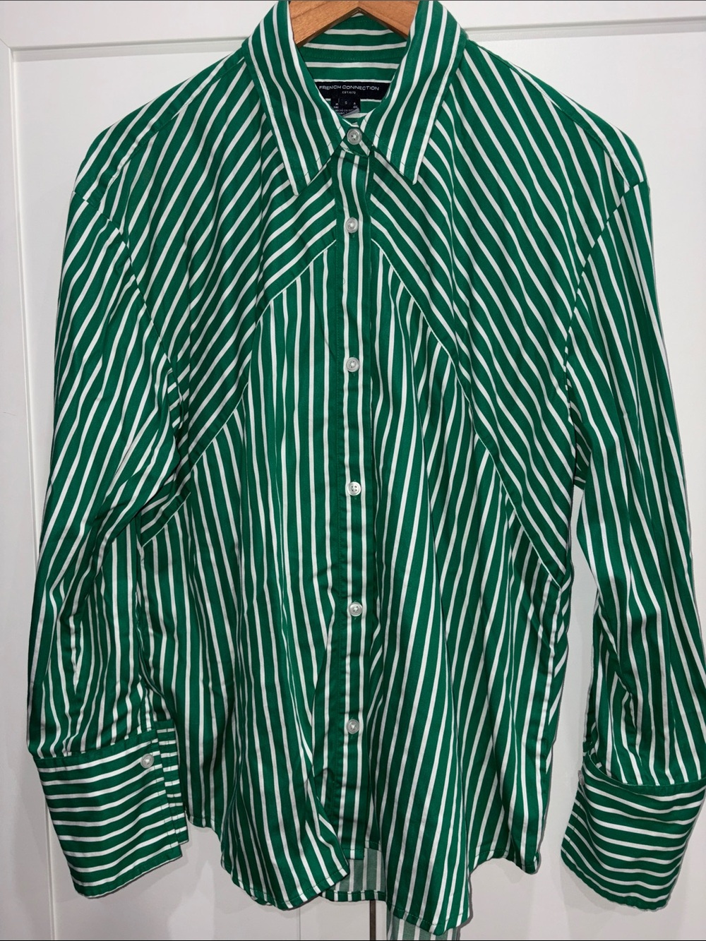 French Connection Green and White Striped Dress Shirt
